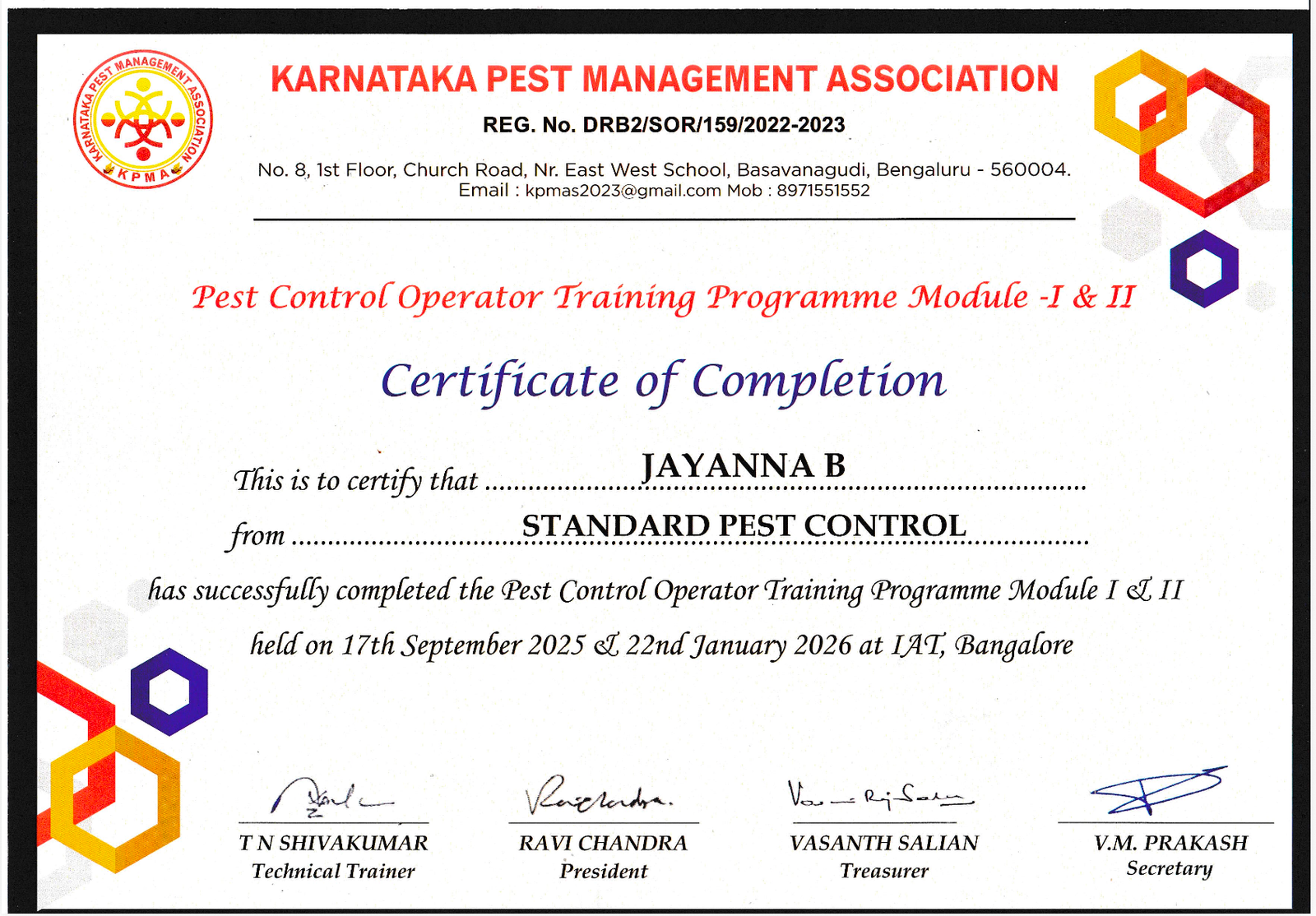 Standard Pest Control certificate