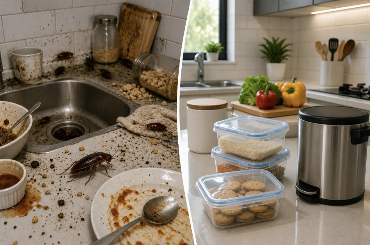 Cockroach near food on a kitchen counter illustrating food contamination risk in Bangalore homes