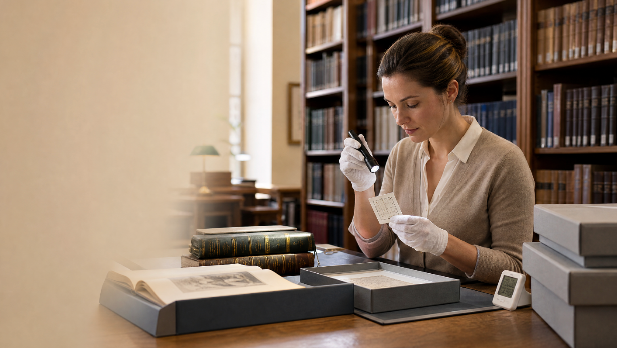 Pest-control inspection protecting books and historical documents inside a library
