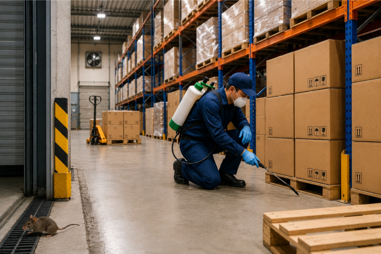 Technician inspecting warehouse storage racks for rodent and pest activity