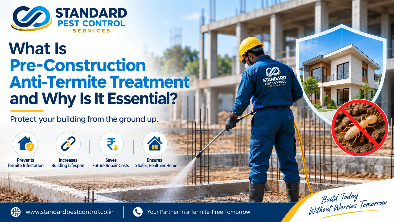 Technician applying pre-construction anti-termite soil treatment at a building foundation site