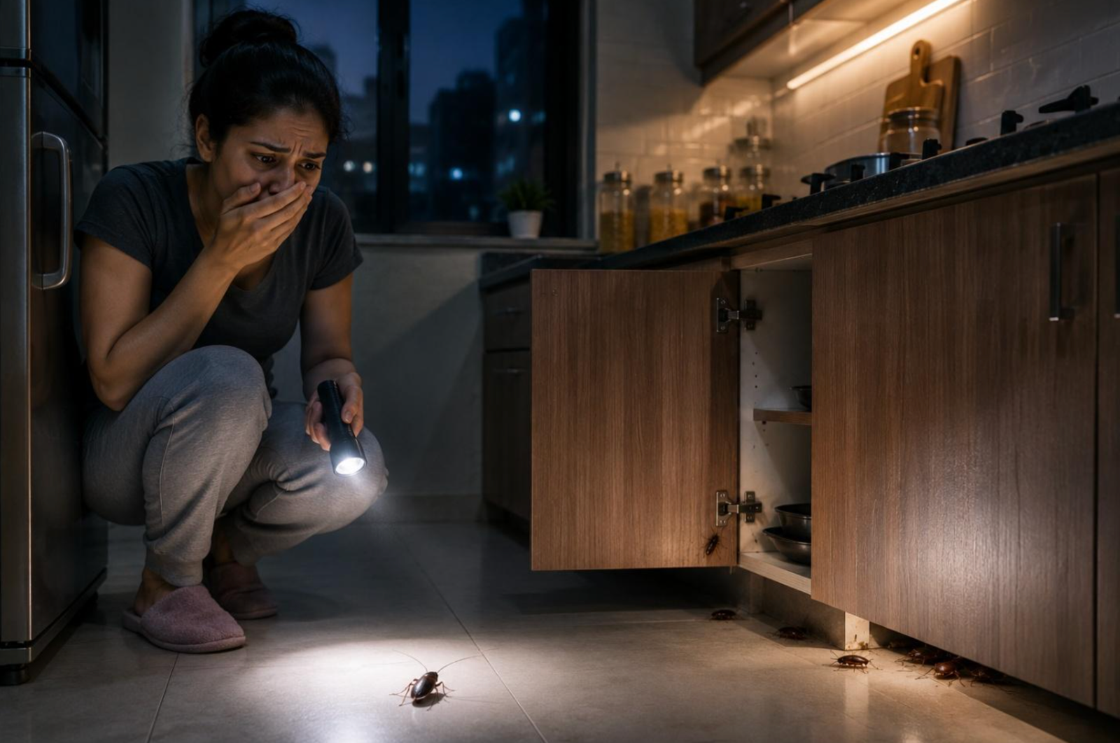 Person reacting with fear and disgust to a cockroach in the kitchen, illustrating the psychological impact of infestations