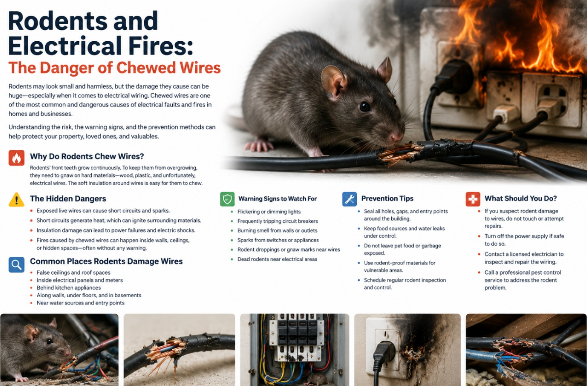 Rodents and electrical fires: rat gnawing exposed electrical wiring showing the fire risk of chewed cable insulation