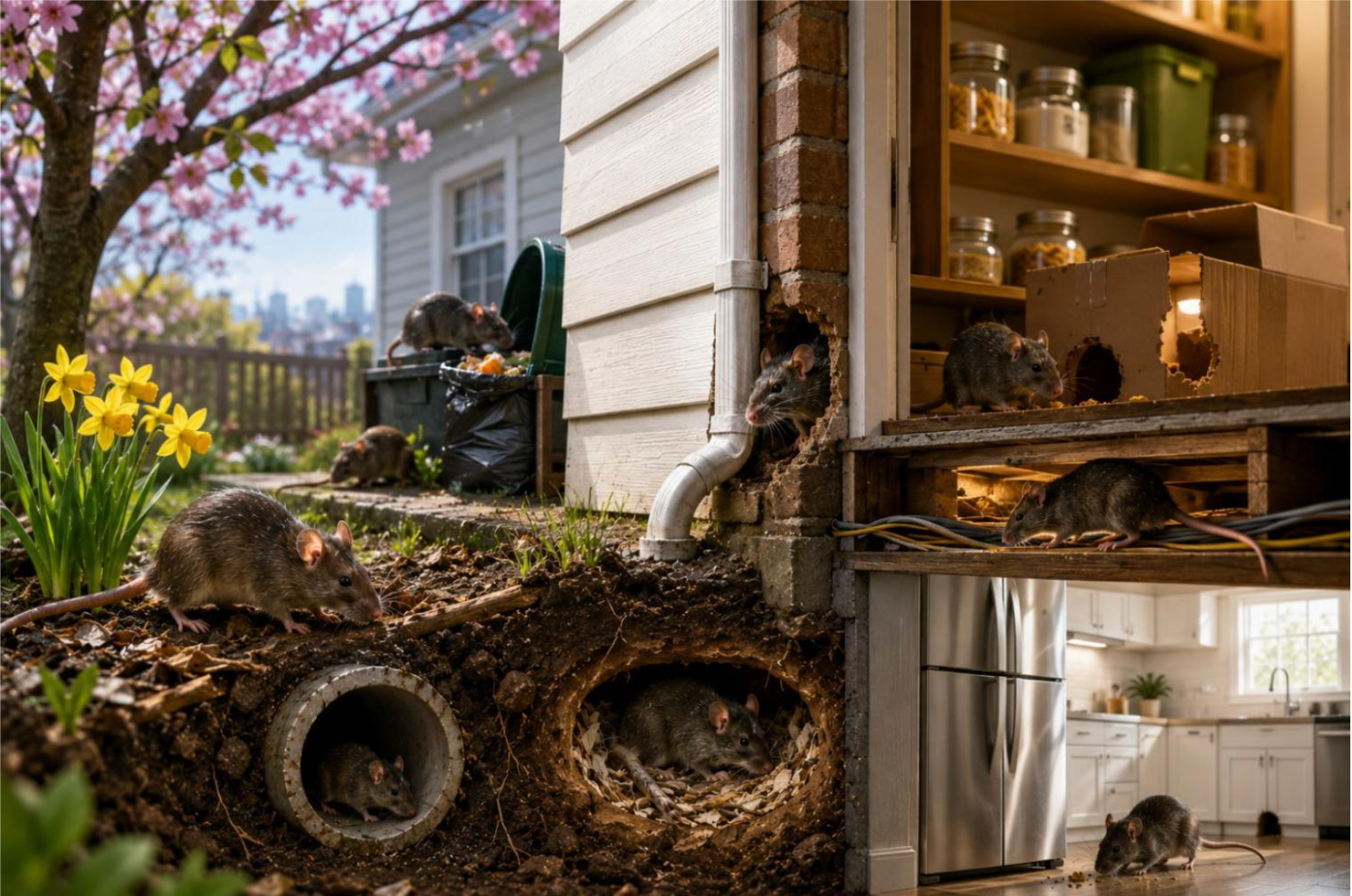 Rodents in spring emerging from winter hiding spots such as wall voids, false ceilings and burrows