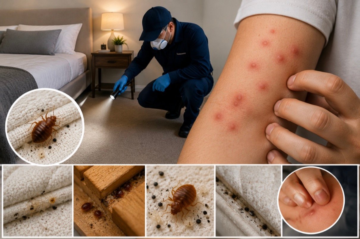 Close-up of red, swollen bed bug bites on a person's forearm being scratched, with inset images of a bed bug on bedding and a technician inspecting a mattress with a flashlight