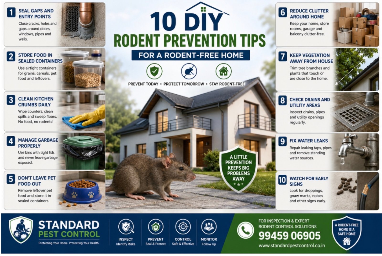 10 DIY rodent prevention tips infographic: seal gaps, store food, manage garbage, reduce clutter and more