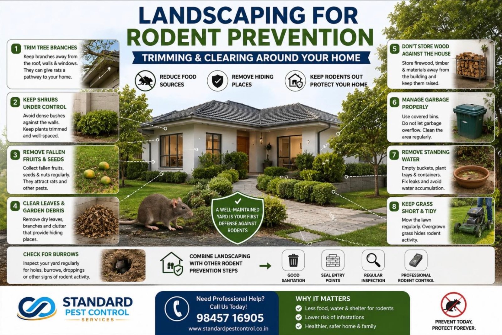 Landscaping for rodent prevention infographic: trim tree branches, keep shrubs under control, remove fallen fruit, clear garden debris and manage garbage