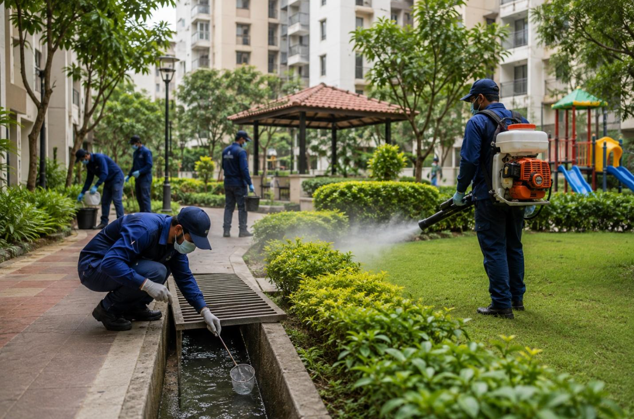 Pest control technicians inspecting a drain and fogging a residential community garden for mosquito control in Bangalore