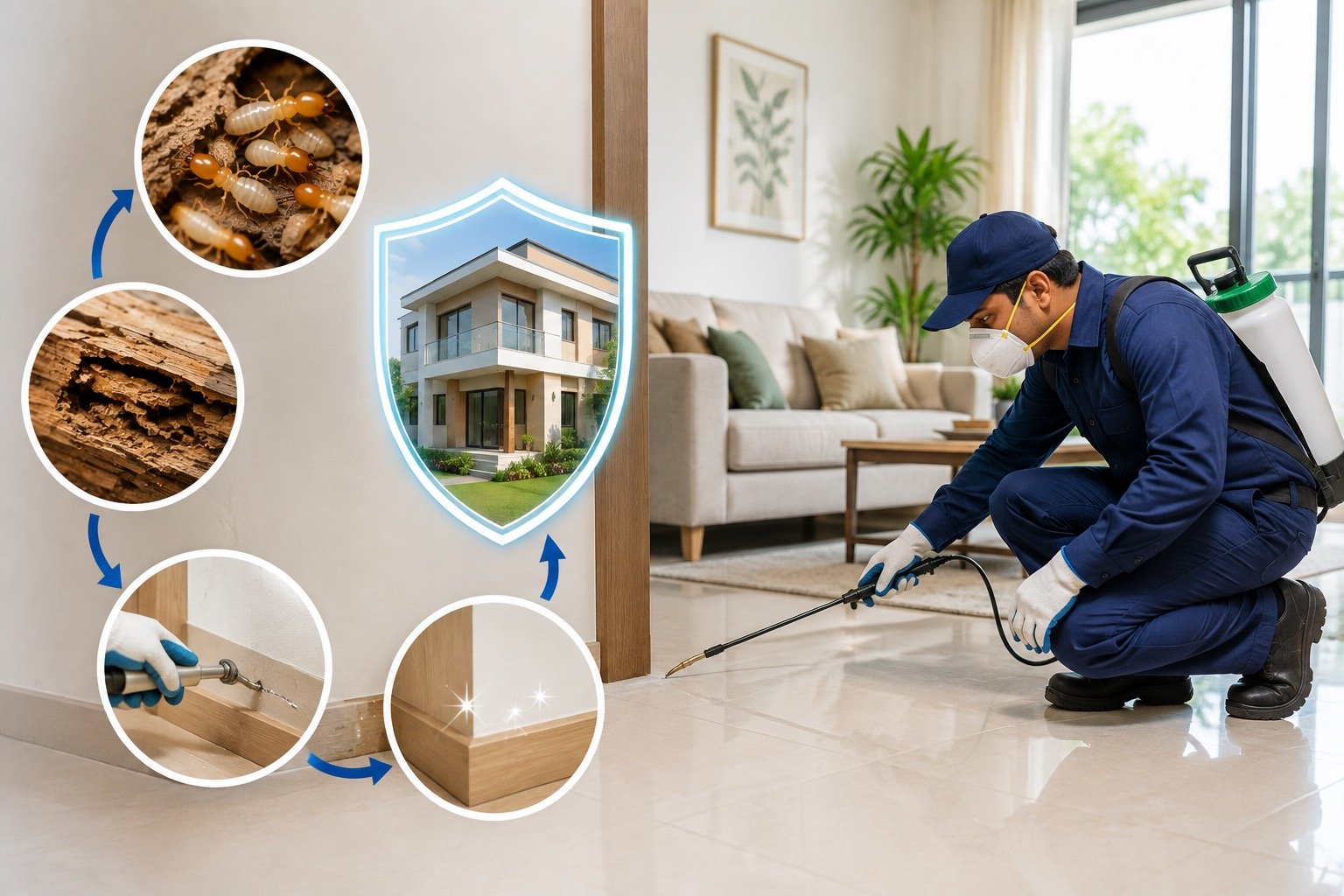 Technician performing a pest control follow up treatment for termites