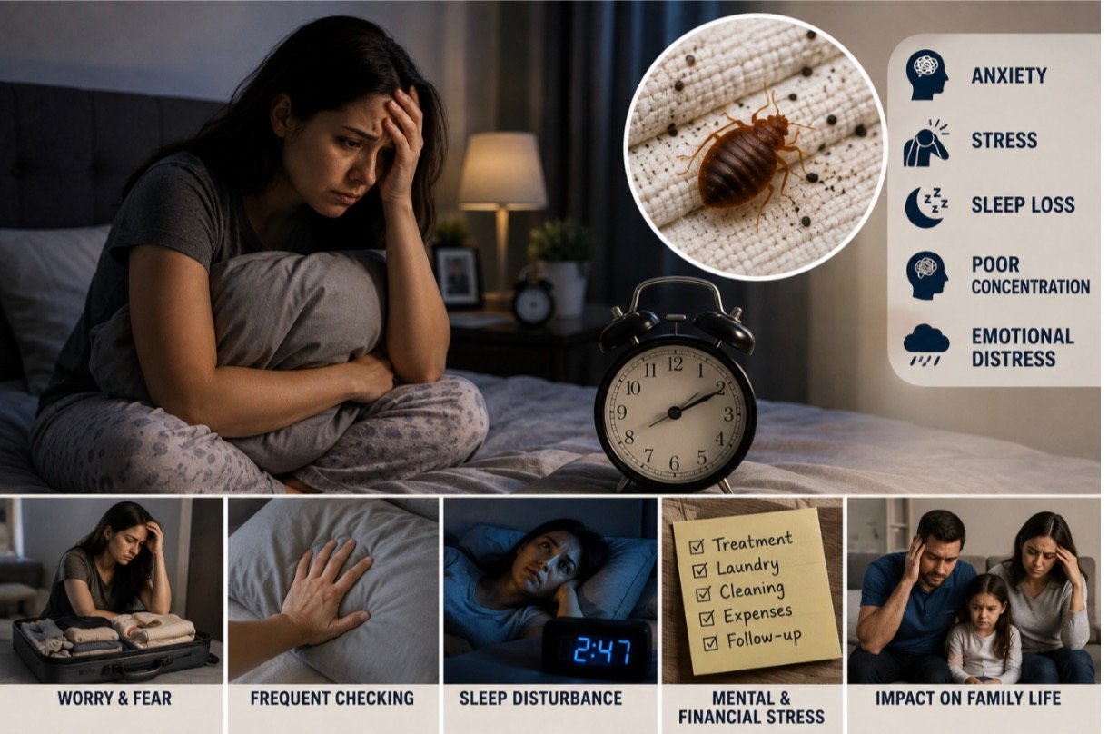 Woman sitting awake and distressed on her bed at 2:47am hugging a pillow, with a magnified bed bug image and icons for anxiety, stress, sleep loss and emotional distress