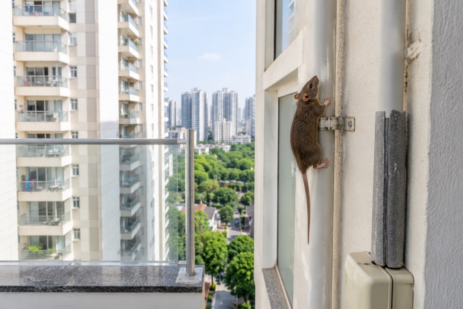 Rat climbing a pipe outside a high-rise apartment window in Bangalore