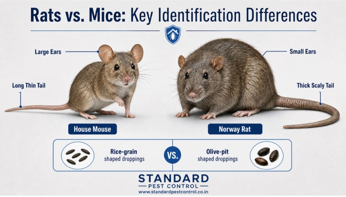 Rats vs mice identification chart: house mouse and Norway rat compared by ears, tail and droppings
