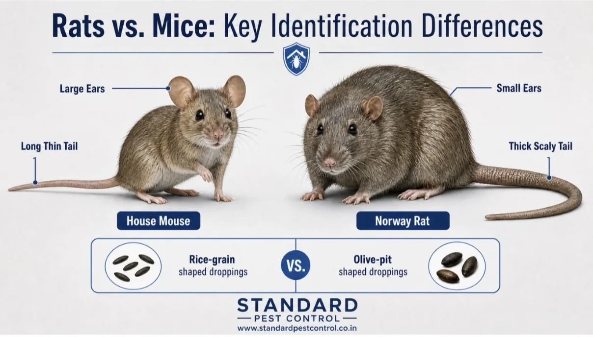 Rats vs mice identification chart: house mouse and Norway rat compared by ears, tail and droppings
