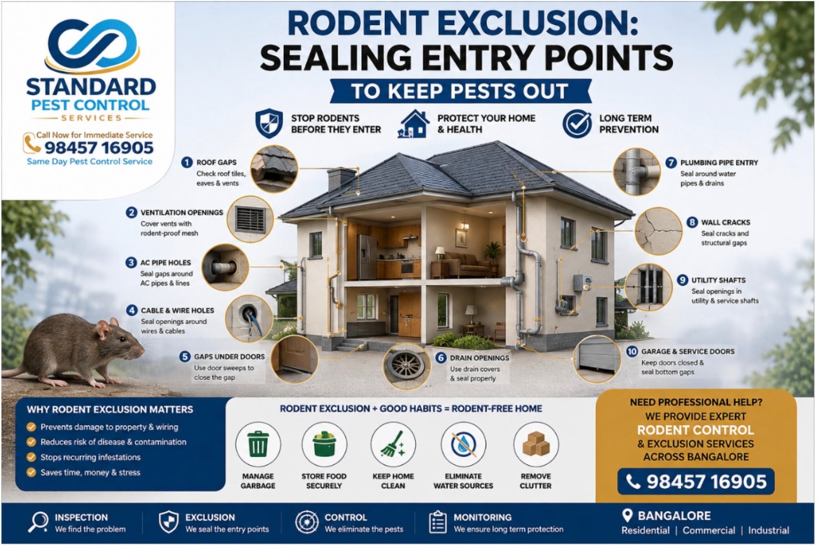 Rodent exclusion diagram showing 10 common entry points on a house: roof gaps, vents, AC pipes, cables, doors, drains, plumbing, wall cracks and utility shafts