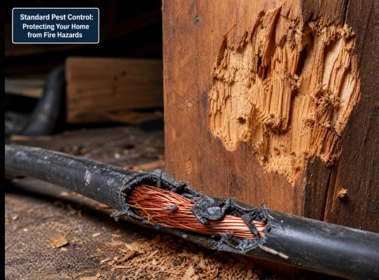 Rodent gnaw marks on wood and a chewed electrical cable exposing copper wire - a common fire hazard sign