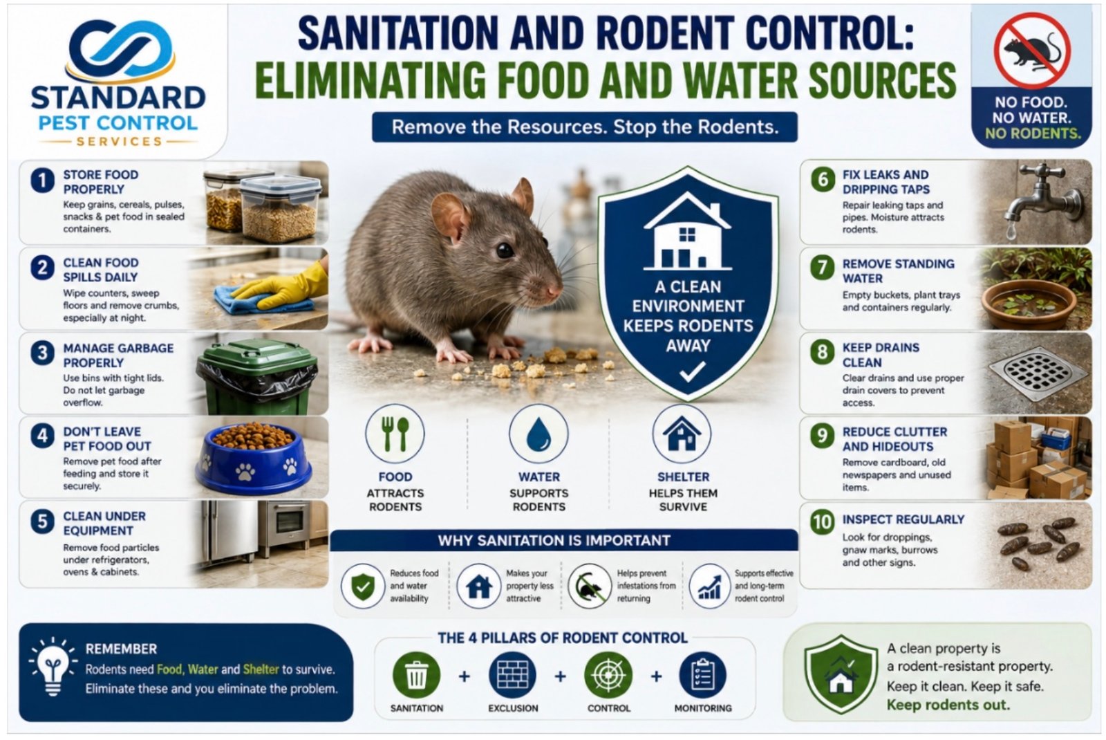 Sanitation and rodent control infographic: store food properly, clean spills, manage garbage, fix leaks and remove clutter